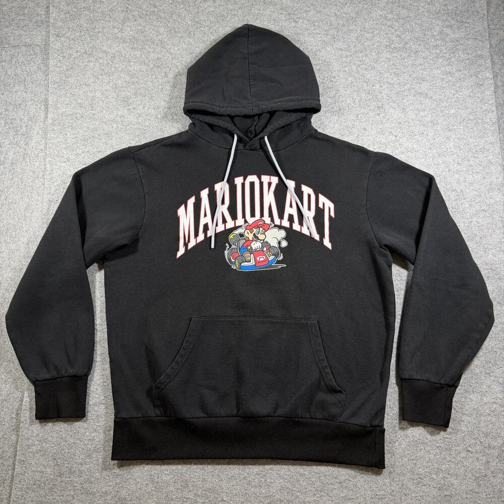Mario Kart Hoodie Mens M Black Graphic Print Fleece Streetwear Gaming Fan Gear